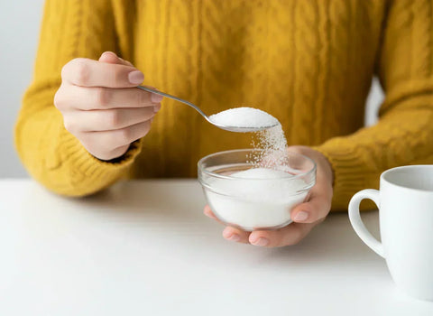 Spoonful of sugar being poured into a bowl
